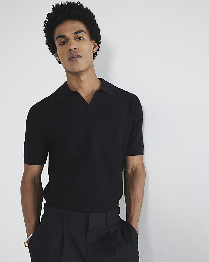 Black Short Sleeve Open Collar Polo Shirt