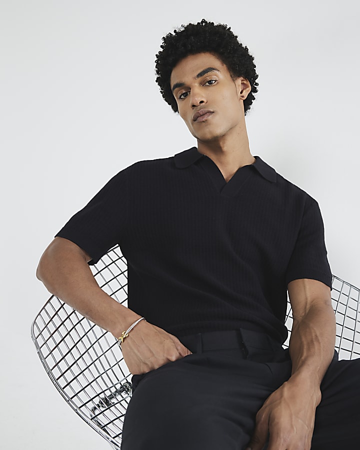 Black Short Sleeve Open Collar Polo Shirt