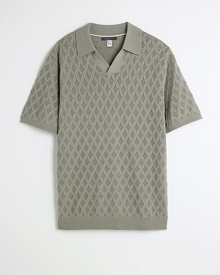 Green Textured Open Collar Polo Shirt