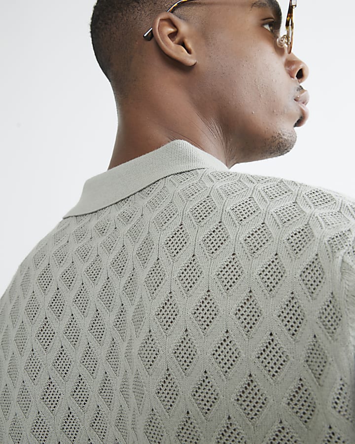 Green Textured Open Collar Polo Shirt