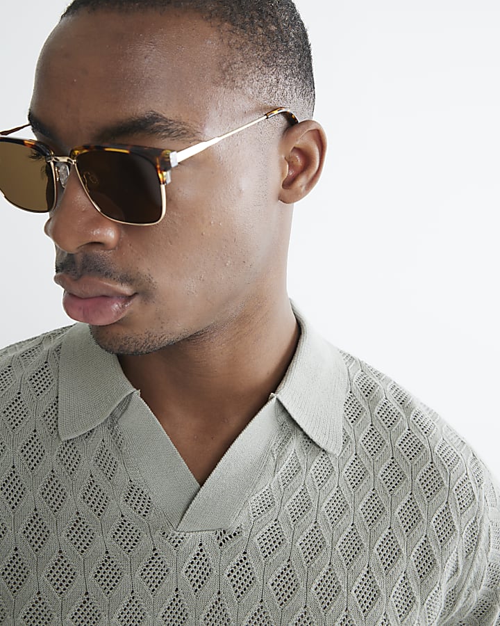 Green Textured Open Collar Polo Shirt