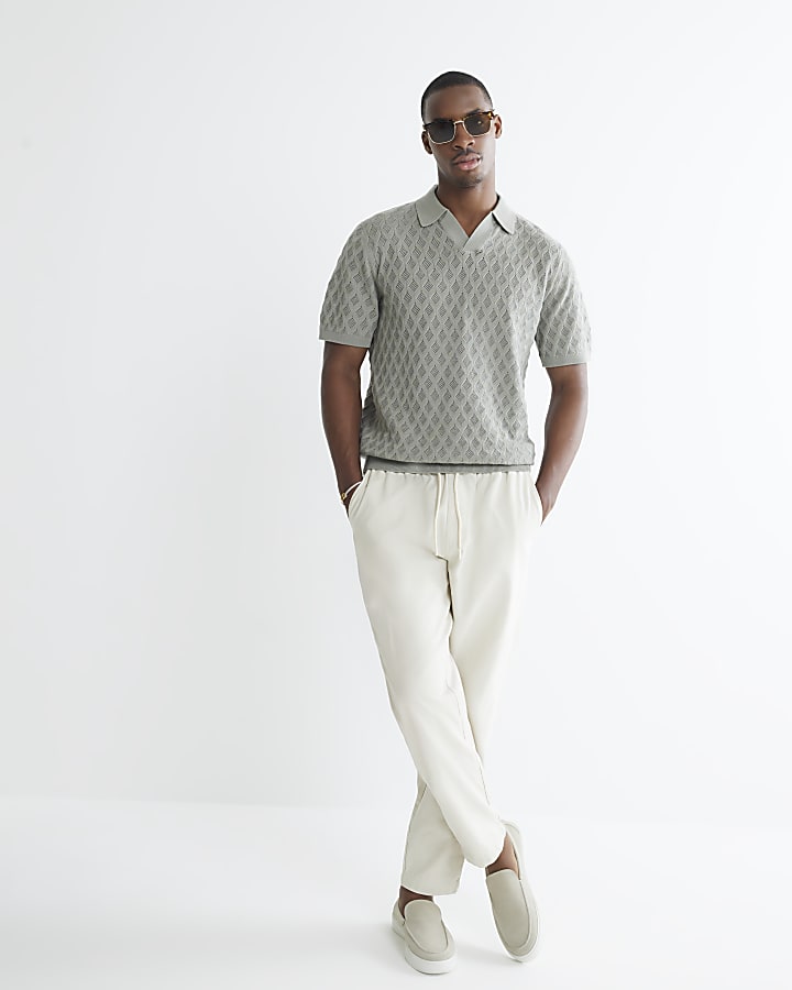 Green Textured Open Collar Polo Shirt