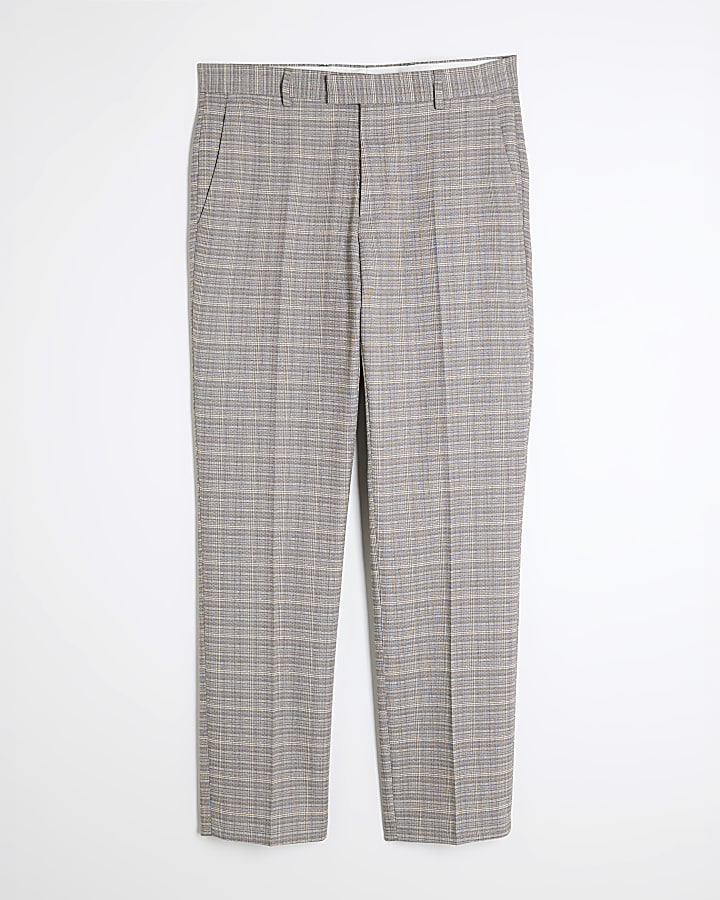 Beige Tailored Fit Check Suit Trousers