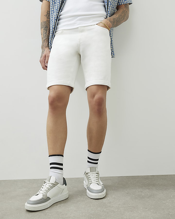 White Slim Fit Denim Shorts