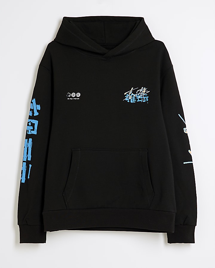 Black Regular Fit Japanese Graffiti Hoodie