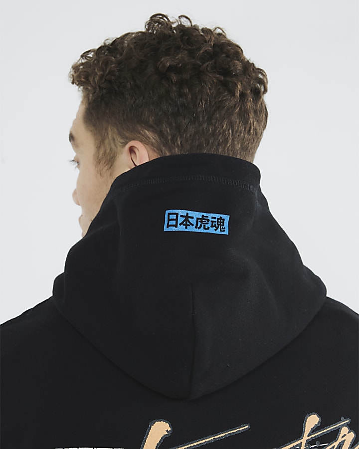 Black Regular Fit Japanese Graffiti Hoodie