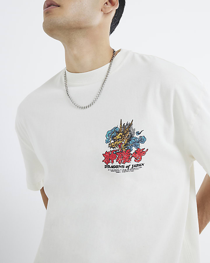 White Short Sleeve Graffiti Dragon T-Shirt