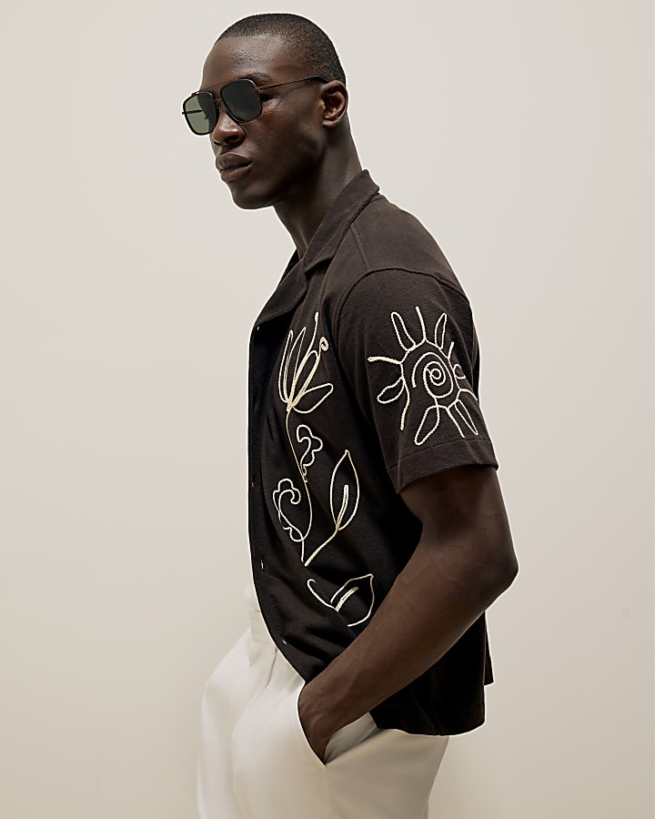 Brown Floral Rope Embroidered Shirt