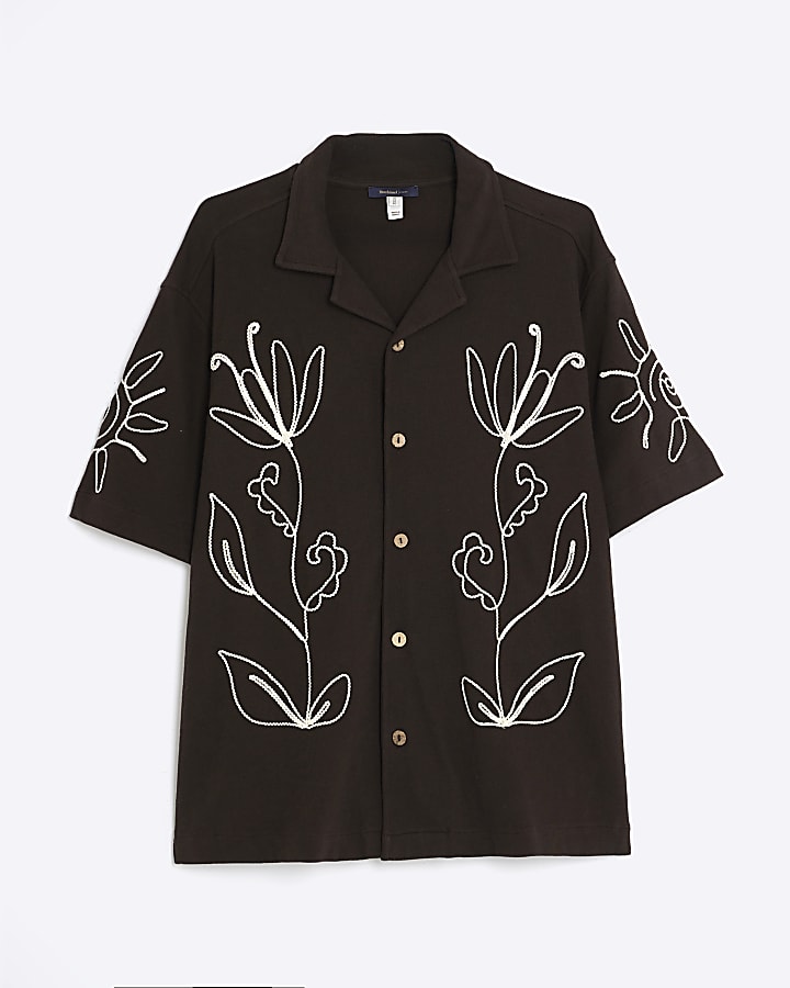 Brown Floral Rope Embroidered Shirt