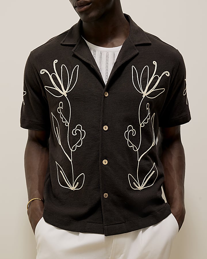 Brown Floral Rope Embroidered Shirt