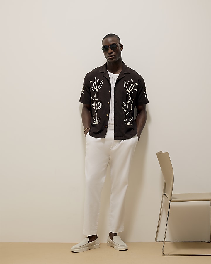 Brown Floral Rope Embroidered Shirt