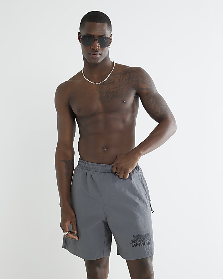 Grey Dragon Print Swim Shorts
