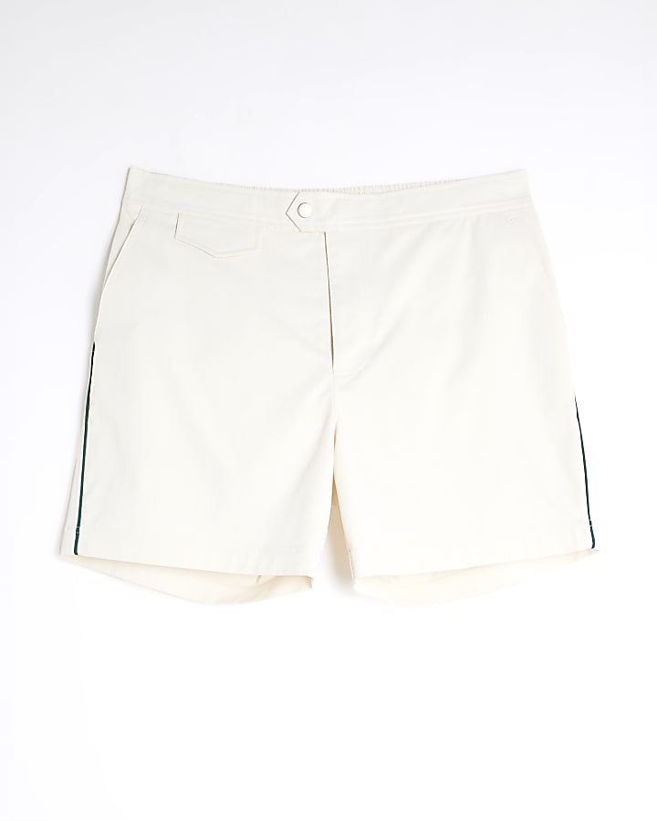 Ecru Fixed Waist Taped Swim Shorts