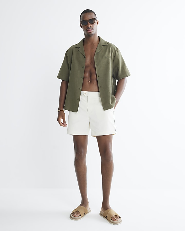 Ecru Fixed Waist Taped Swim Shorts