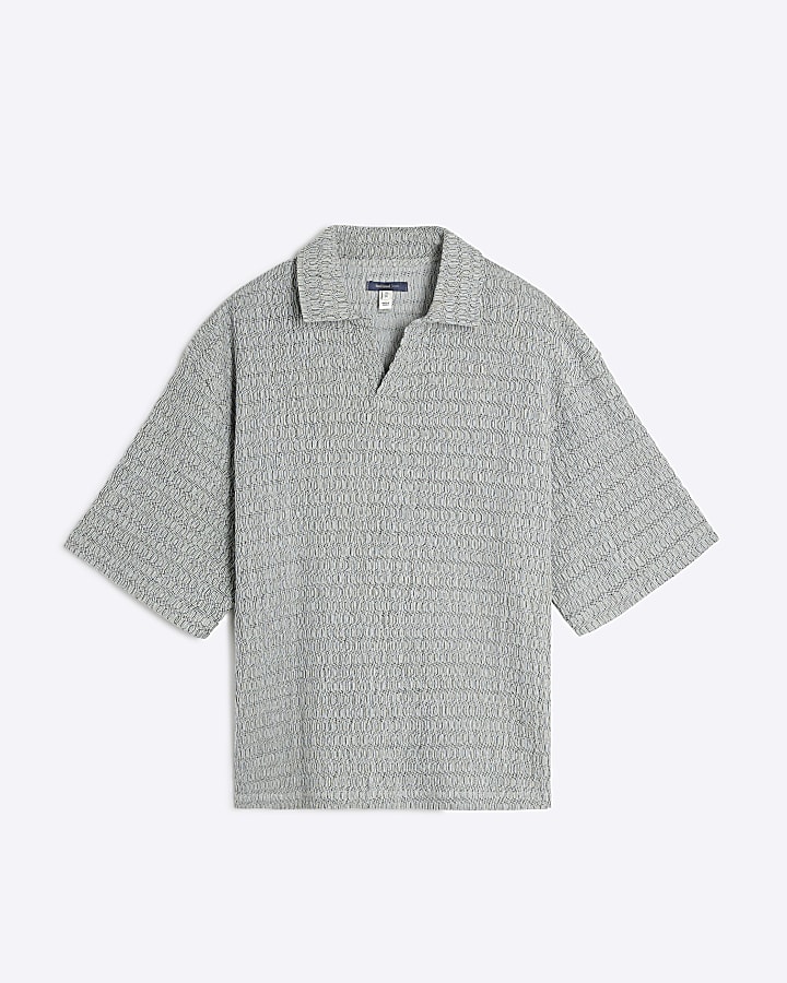 Blue Open Neck Plisse Polo Shirt