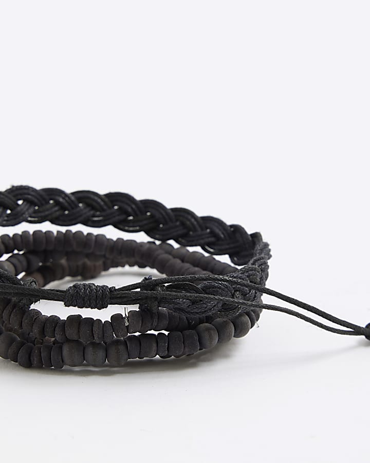 Black Pack of 4 Beaded Wood  Bracelets