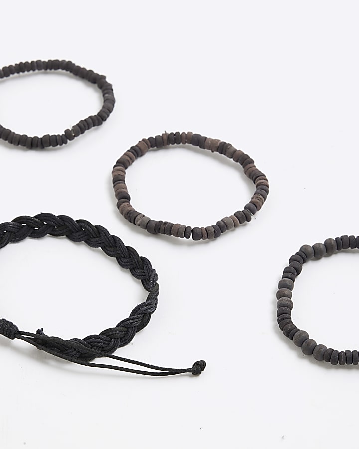 Black Pack of 4 Beaded Wood  Bracelets