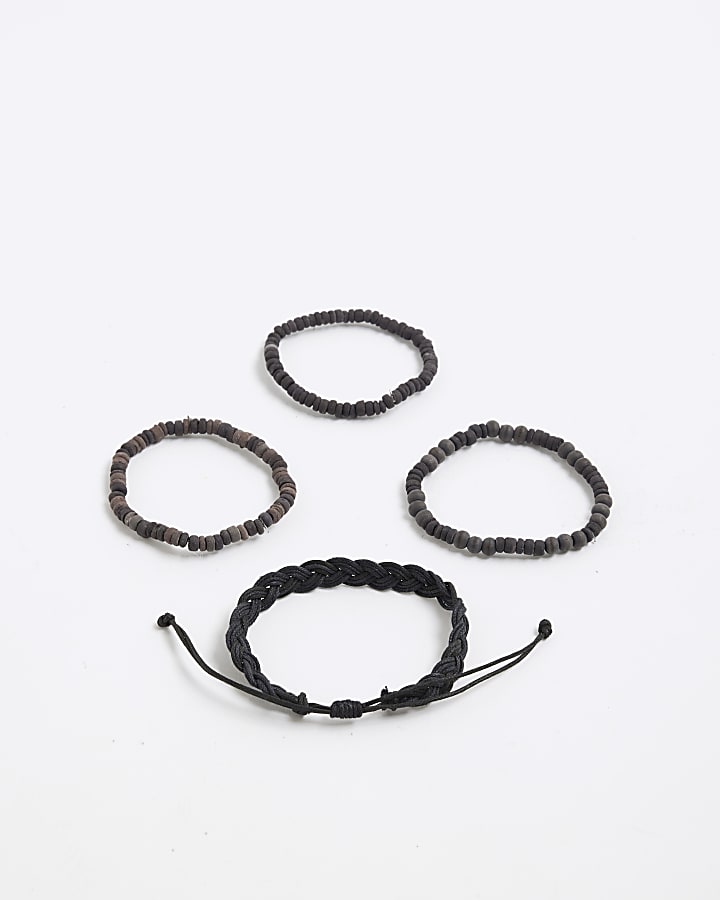 Black Pack of 4 Beaded Wood  Bracelets