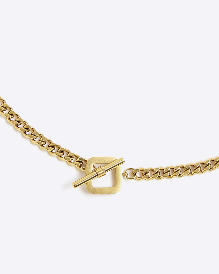 Gold T-Bar Squar Chain Necklace
