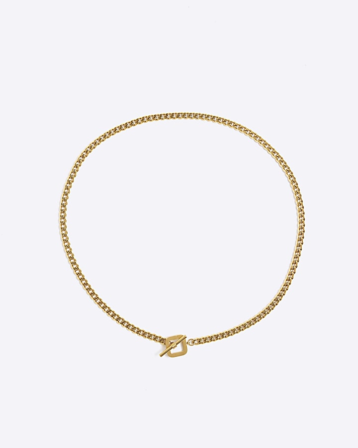 Gold T-Bar Squar Chain Necklace