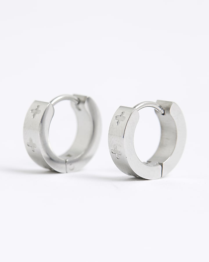 Silver Stainless Steel Cross Hoop Earrings