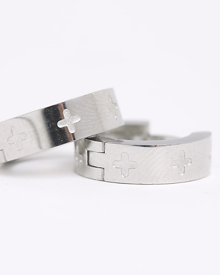 Silver Stainless Steel Cross Hoop Earrings