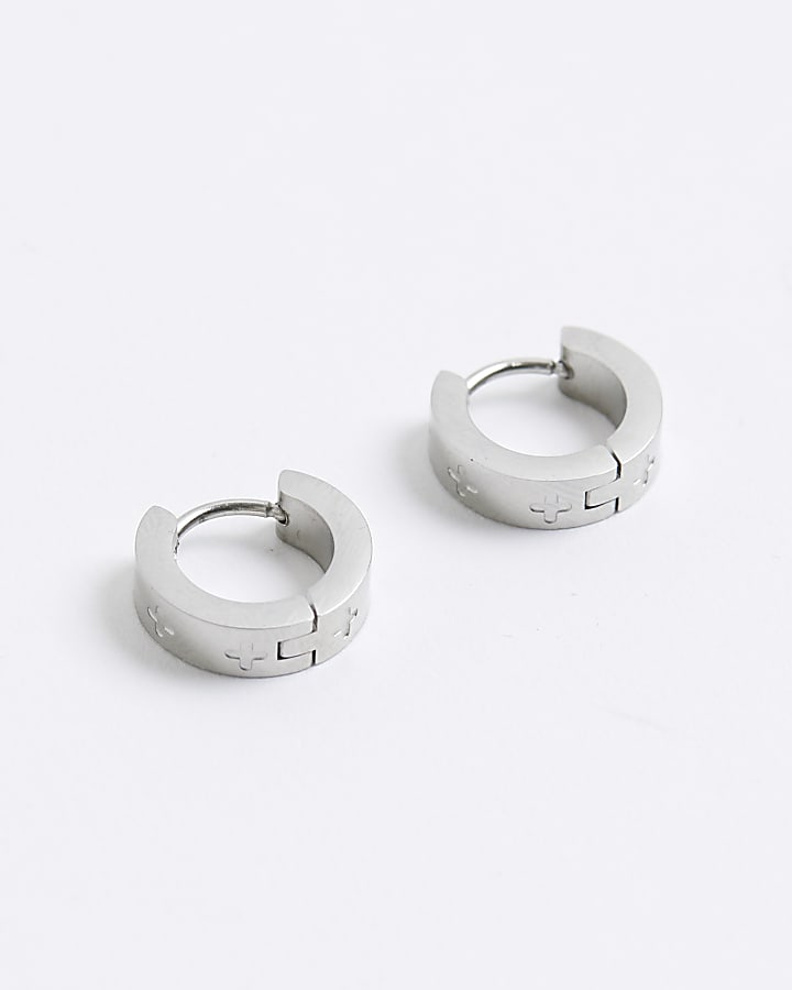 Silver Stainless Steel Cross Hoop Earrings