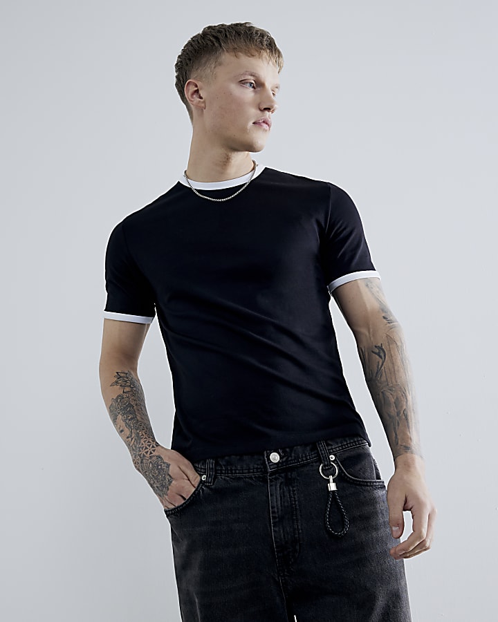 Black Slim Fit Short Sleeve Ringer T-Shirt