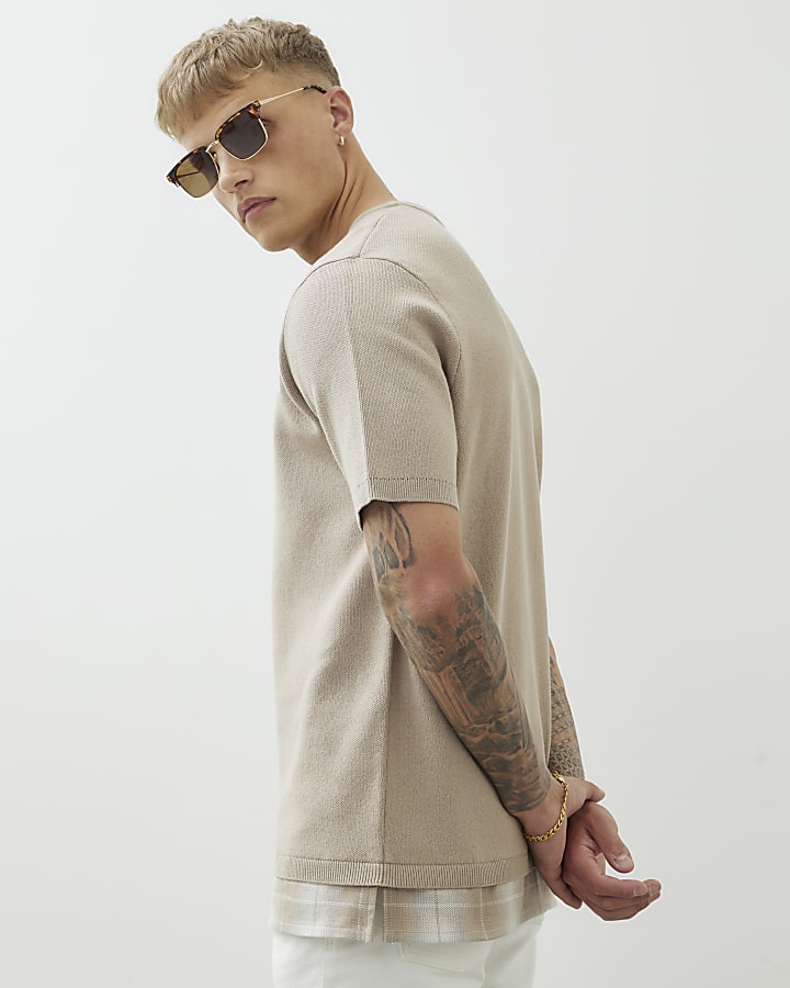 Beige Oversized Fit 2 In 1 Knitted T-Shirt