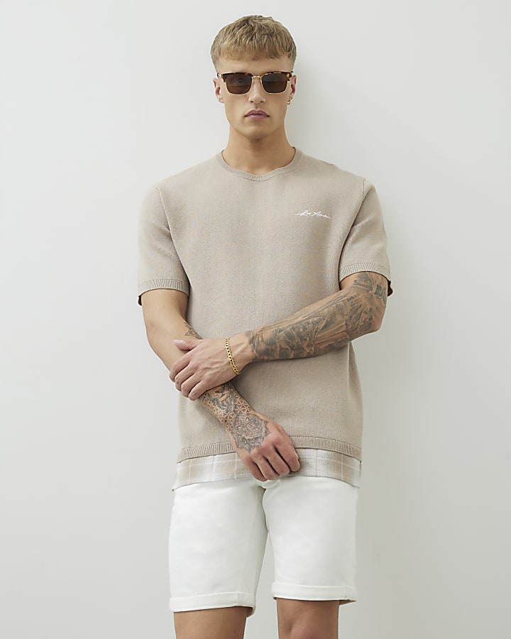 Beige Oversized Fit 2 In 1 Knitted T-Shirt