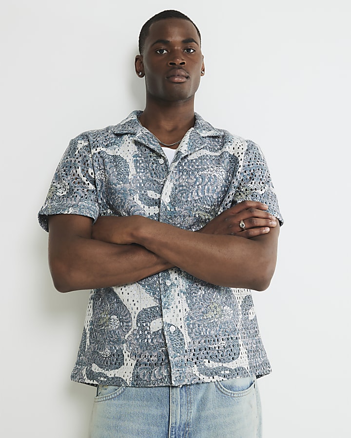 Grey Regular Fit Dragon Crochet Shirt
