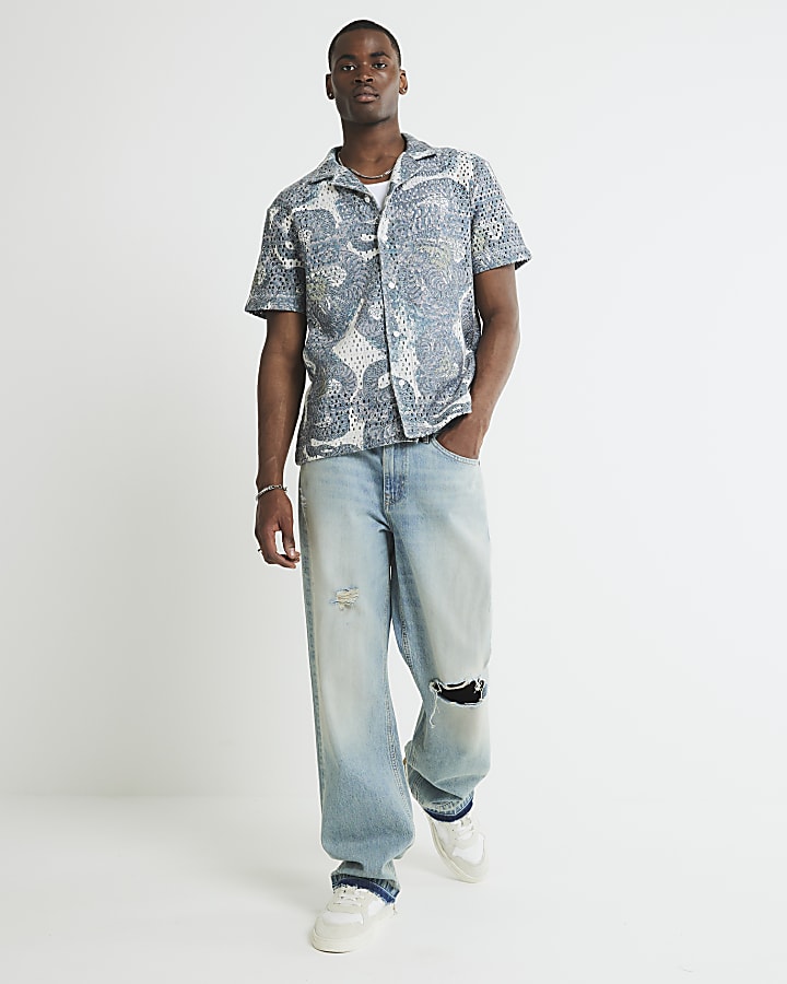 Grey Regular Fit Dragon Crochet Shirt