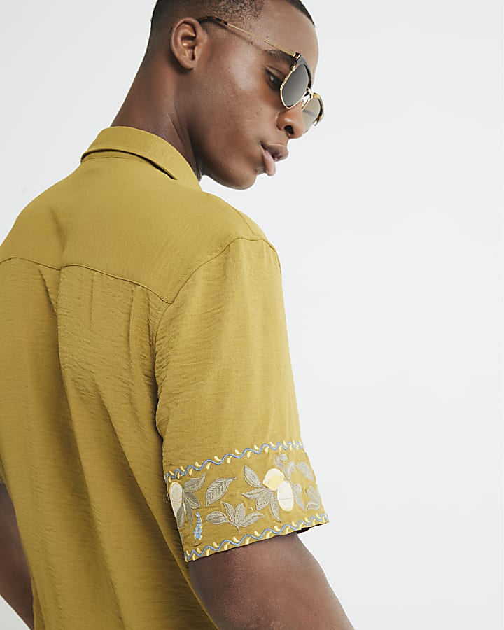 Yellow Regular Fit Lemon Embroidered Shirt