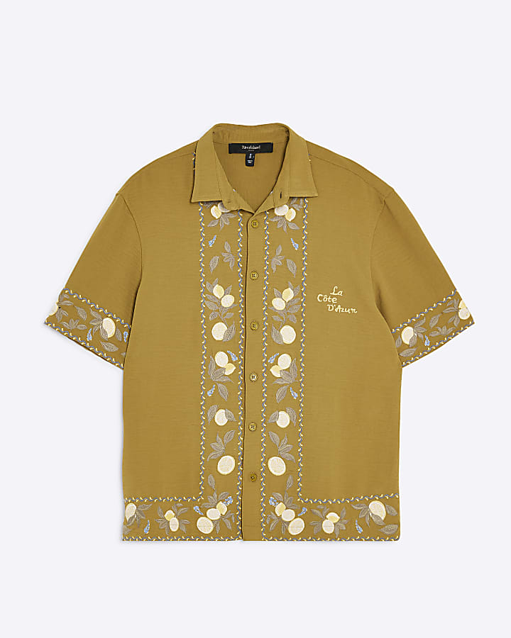 Yellow Regular Fit Lemon Embroidered Shirt