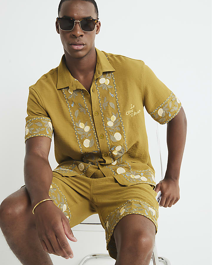 Yellow Regular Fit Lemon Embroidered Shirt