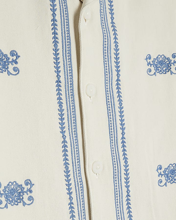 White Regular Fit Border Embroidered Shirt