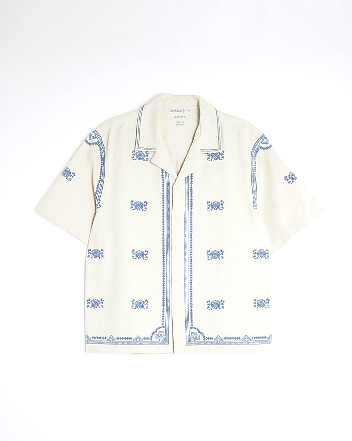 White Regular Fit Border Embroidered Shirt