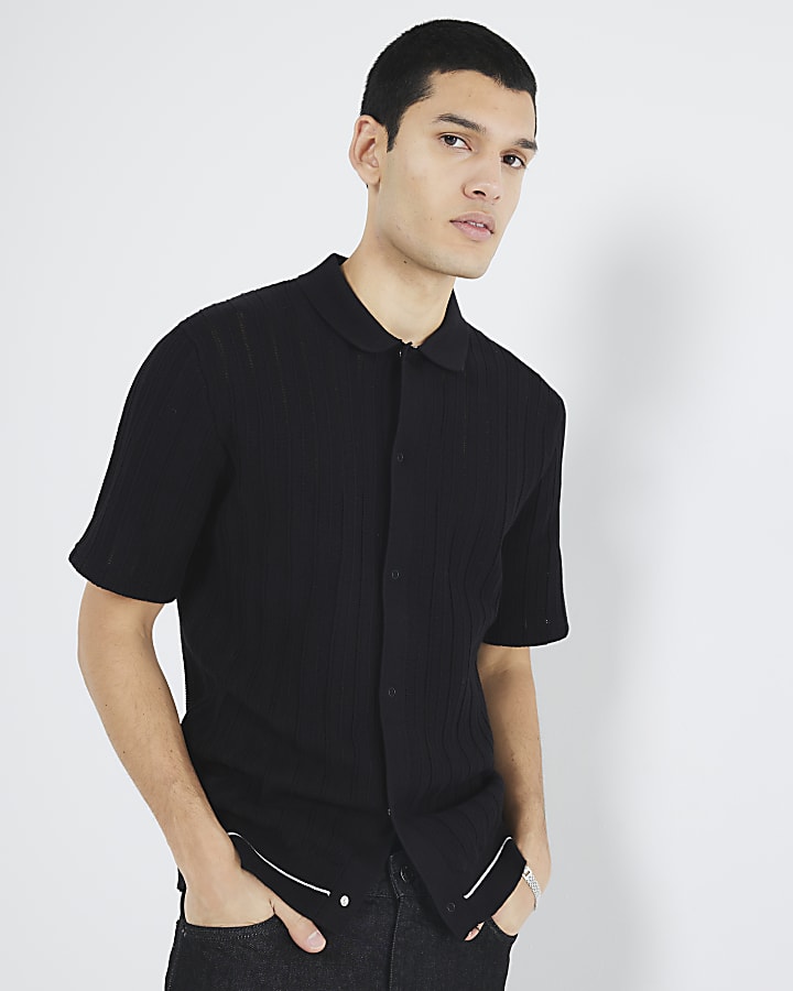 Black Knitted Tipped Short Sleeve Shirt