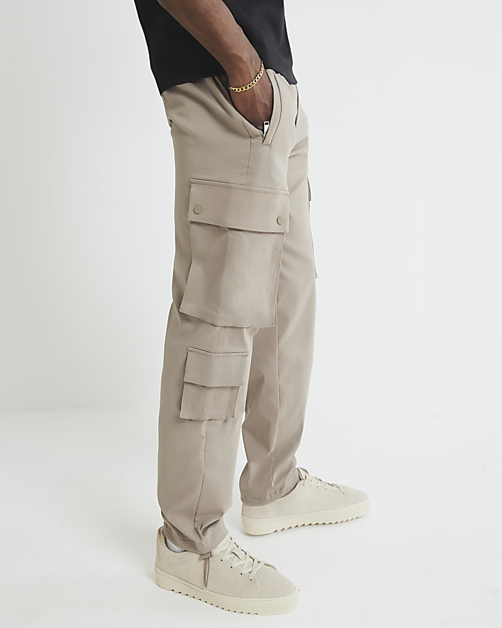 Beige Slim Fit Cargo Trousers