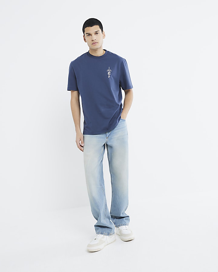 Navy Regular Fit Japanese Embroidered T-Shirt