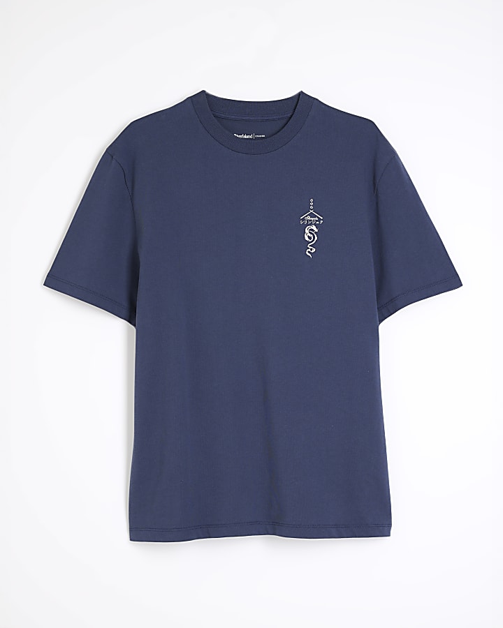 Navy Regular Fit Japanese Embroidered T-Shirt