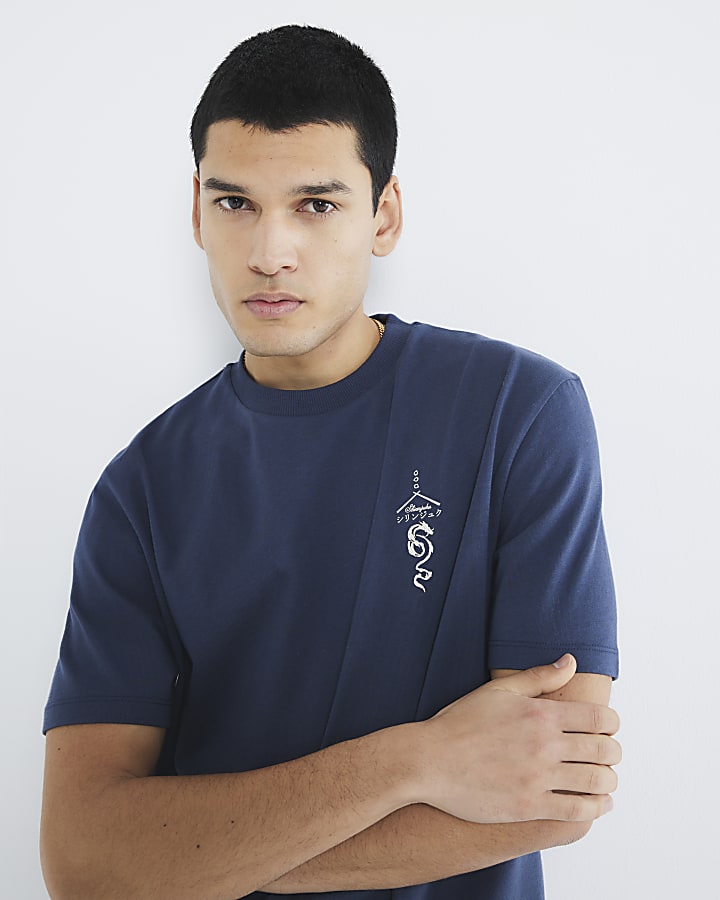 Navy Regular Fit Japanese Embroidered T-Shirt