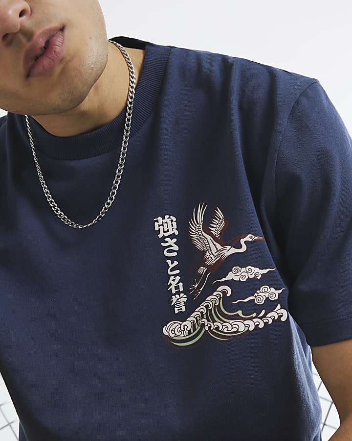 Navy Oversized Fit Crane Embroidered T-Shirt