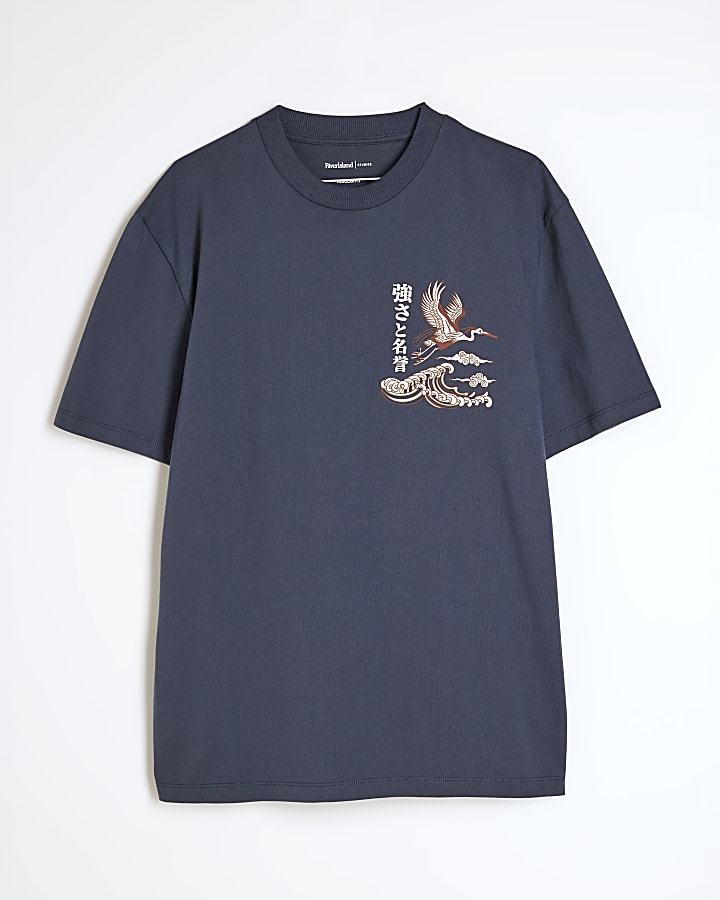 Navy Oversized Fit Crane Embroidered T-Shirt