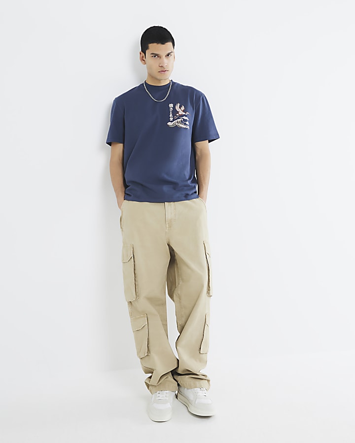 Navy Oversized Fit Crane Embroidered T-Shirt