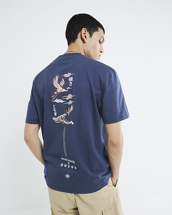 Navy Oversized Fit Crane Embroidered T-Shirt