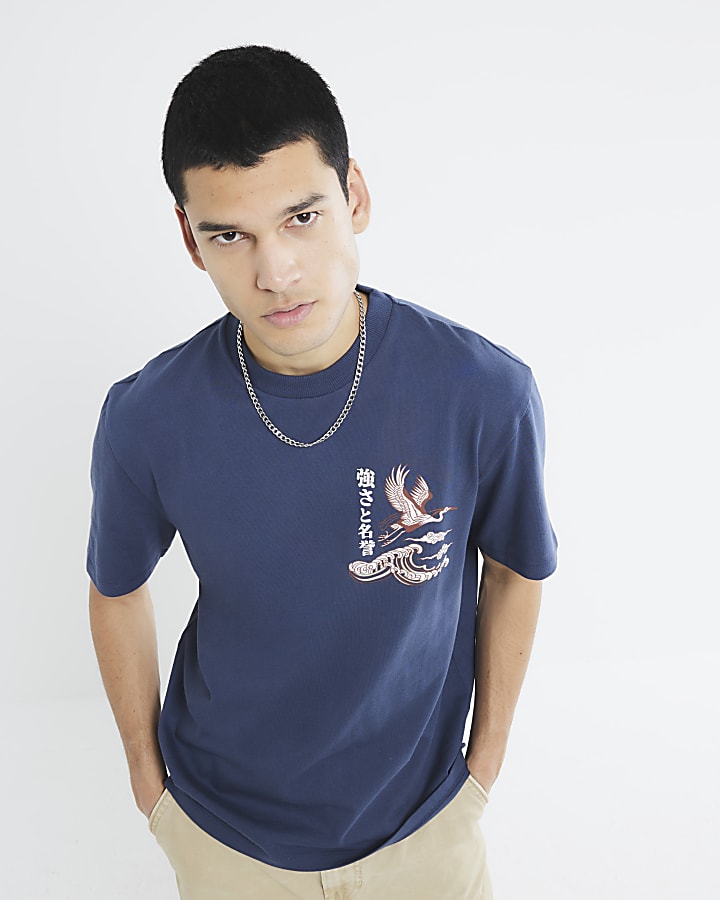 Navy Oversized Fit Crane Embroidered T-Shirt