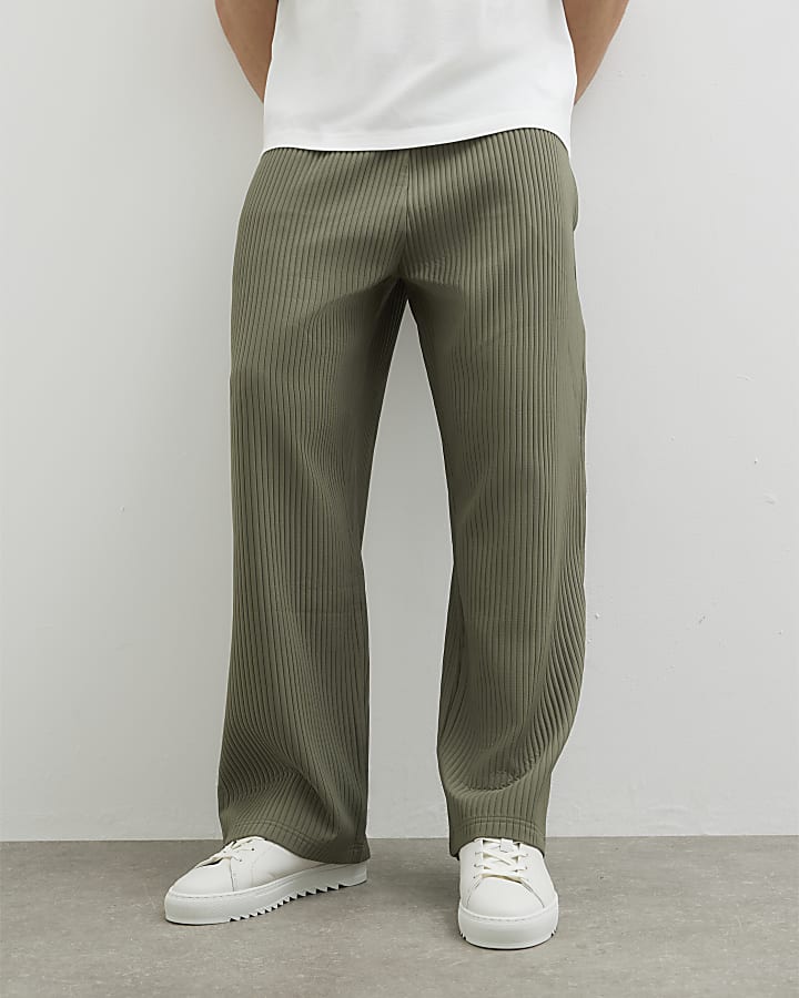 Khaki Plisse Wide Leg Joggers