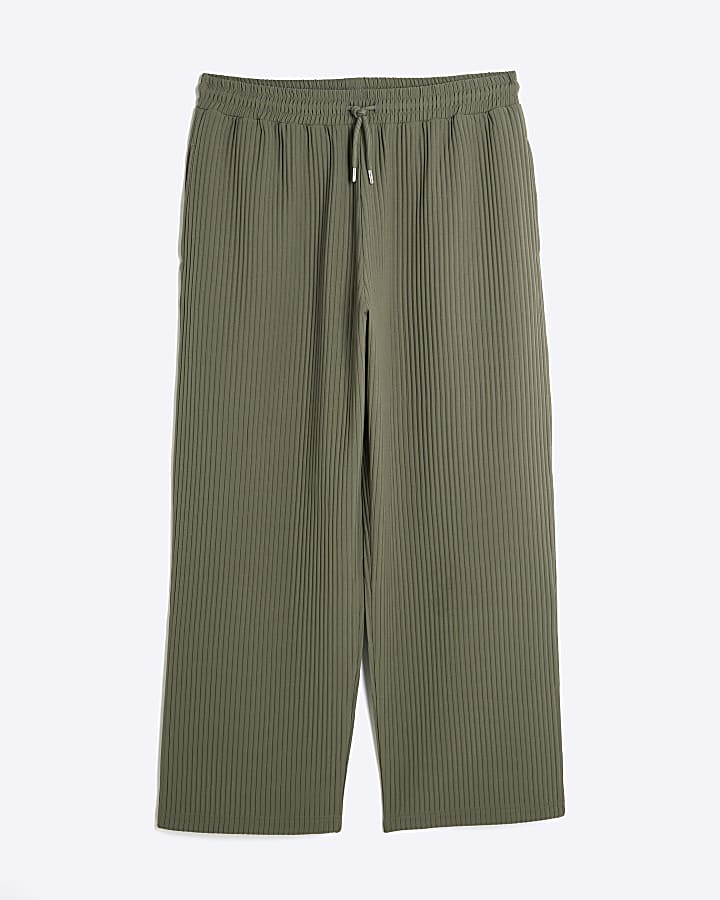 Khaki Plisse Wide Leg Joggers