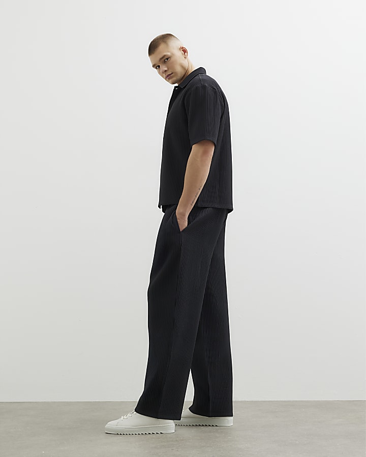 Black Plisse Wide Leg Joggers